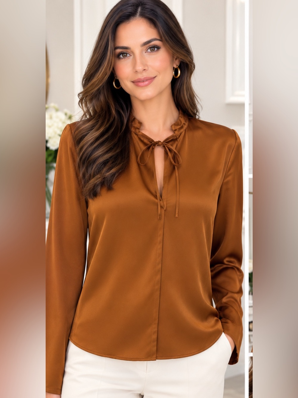 Vince Silk Tie-Neck Ruffle Blouse in Rich Cognac Size S